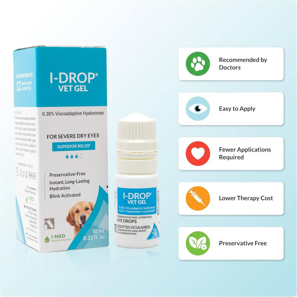 I-Drop Vet Gel: Pet Eye Drops For Dogs | Lubricate Acute/Seasonal Dry Eyes | Superior Comfort | Long-Lasting Relief | Fewer Application Needed, 0.30% Hyaluronan | Multi Dose Bottle | One Bottle 10 Ml