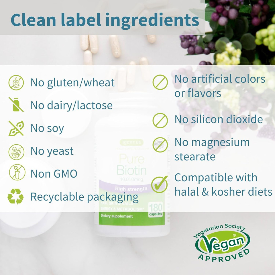 Igennus Clean Biotin 10,000Mcg, High Potency Vitamin B7, Lab Verified, Vegan, 1-A-Day, Small Easy To Swallow Capsules, No After Taste Or Smell, Hypoallergenic