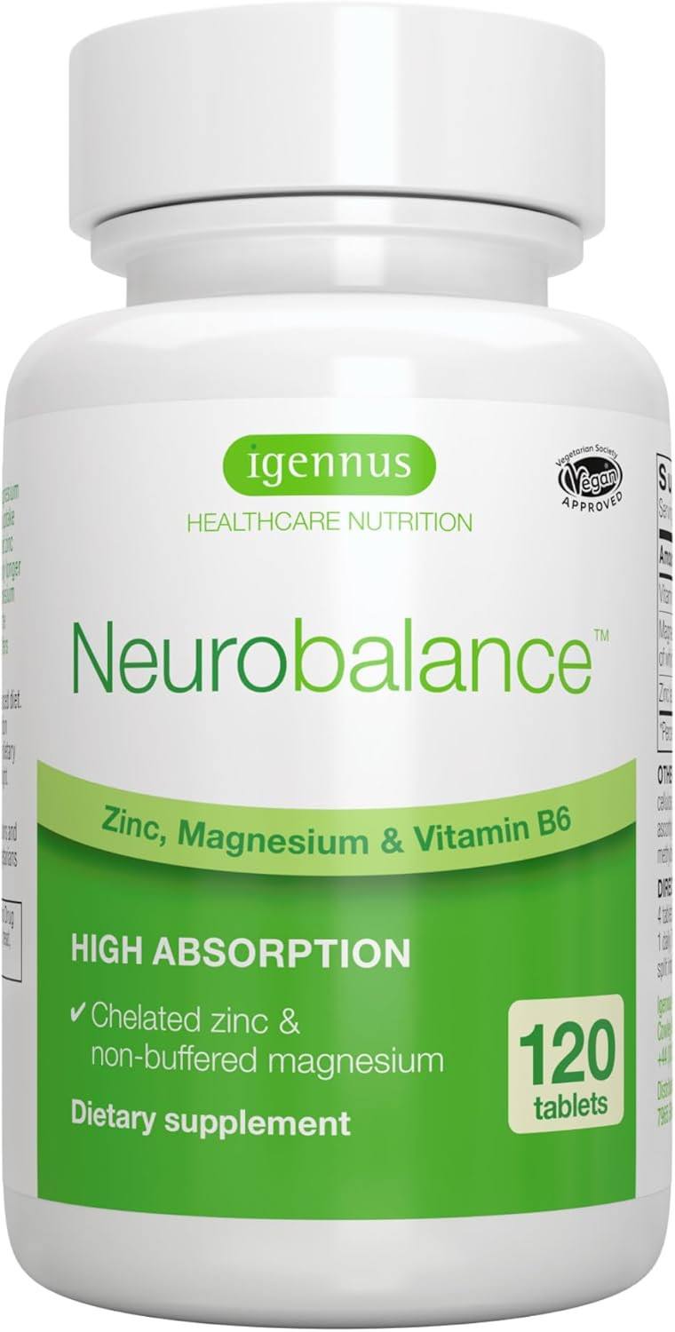 Igennus Neurobalance High Absorption Zinc Magnesium & B6 Complex, Cognitive Support, Focus & Recovery, 24Mg Chelated Zinc Picolinate, Oxide-Free Magnesium, Vegan, Non-Gmo, 120 Tablets