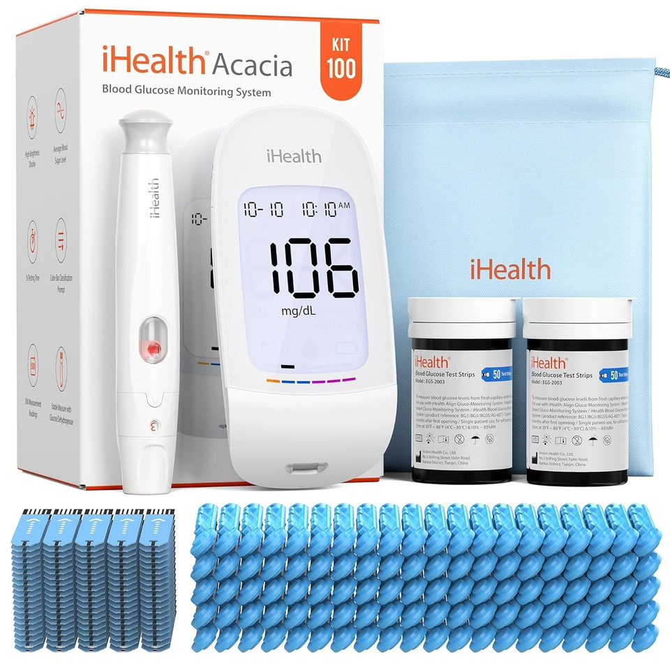 Ihealth Acacia Blood Glucose Monitor Kit, 100 Glucometer Strips, 100 Lancets, 1 Blood Sugar Monitor, 1 Lancing Device, 1 Travel Bag, No Coding, Portable Blood Sugar Testing Kit, Diabetes Testing