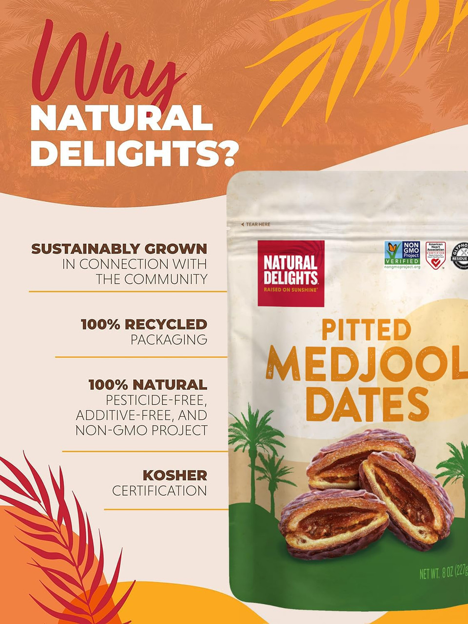 Natural Delights Medjool Dates  Large & Plump Pitted Dates Medjool, Non-Gmo Verified, Pesticide Free, Naturally Sweet Fruit Snack, Perfect For On-The-Go - Medjool Dates Pitted, 8 Oz Bag