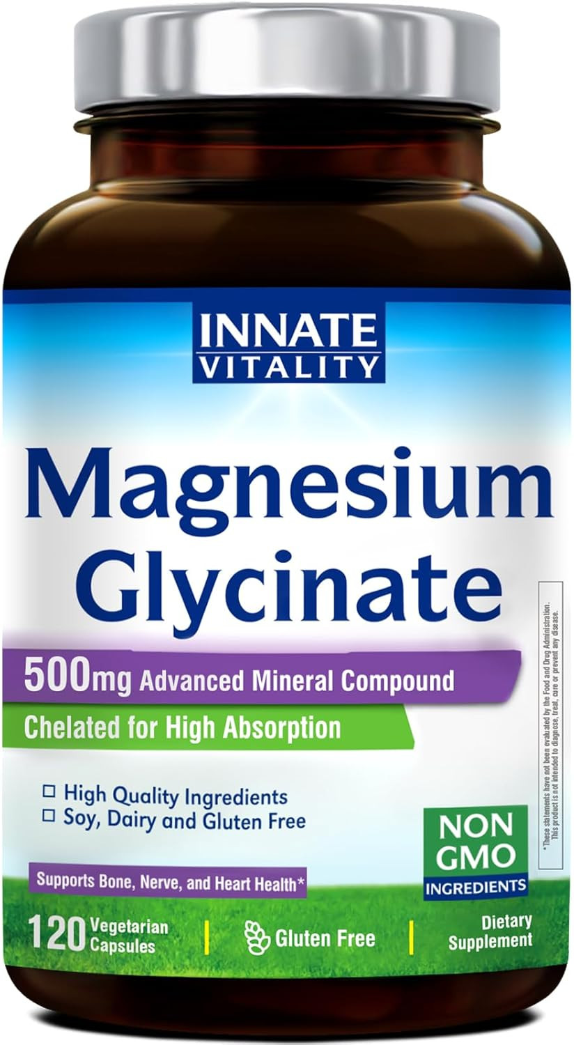 Innate Vitality Magnesium Glycinate 400Mg, Non Buffered & High Absorption Magnesium Supplement For Sleep, Relaxation, Heart & Bone Health For Men & Women, Non-Gmo, No Gluten, 240 Vegan Capsules