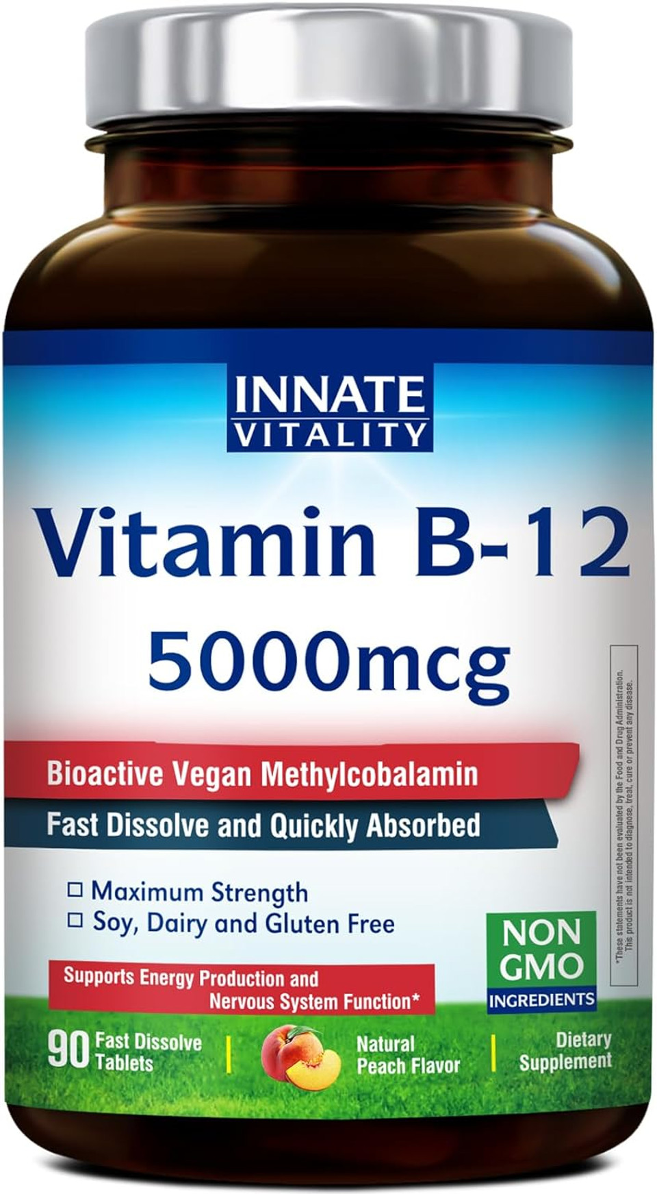 Innate Vitality Vitamin B12 5000Mcg, Sublingual, Vegan Methylcobalamin, Fast Dissolve Tablets, Natural Peach Flavor, Supports Energy Production & Healthy Nervous System, 90 Tablets
