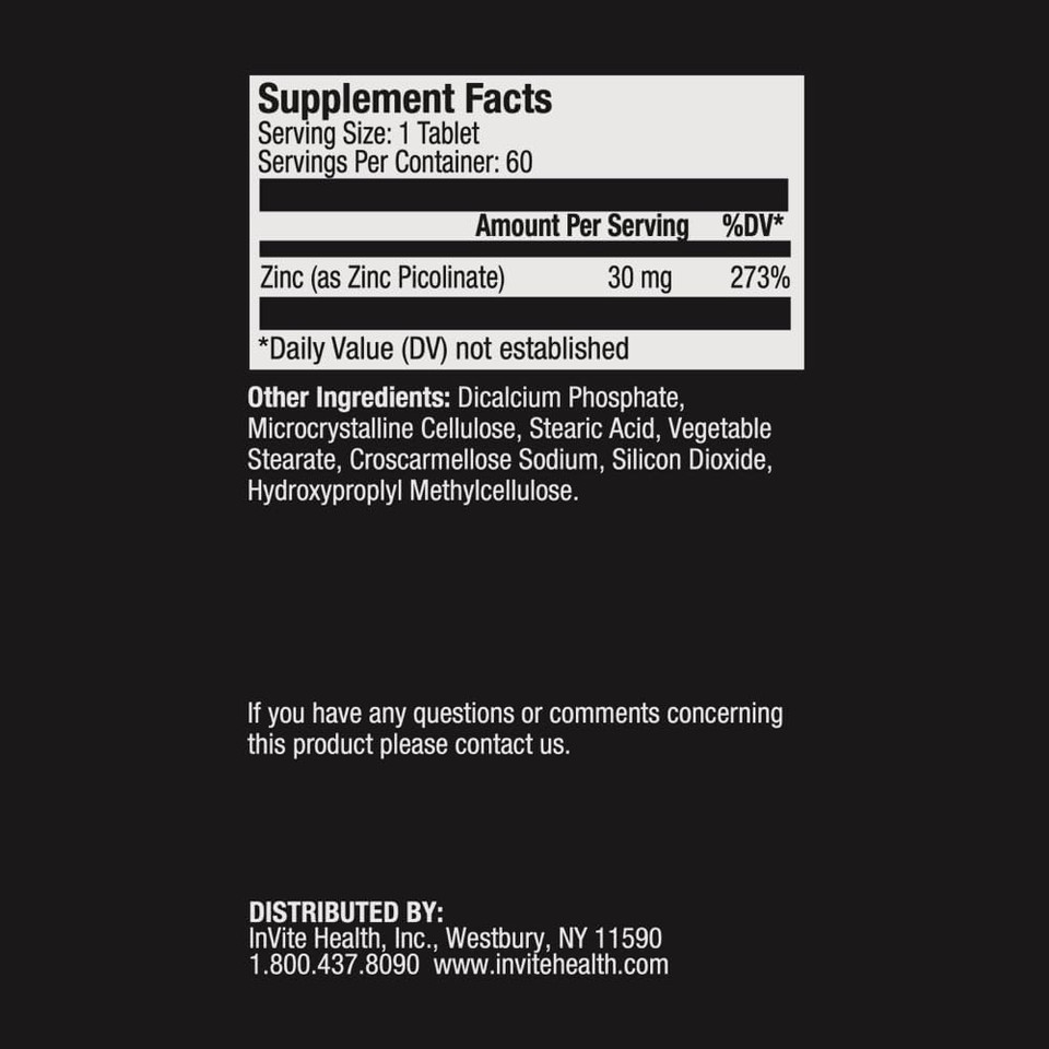 Invite Health Zinc Picolinate - 30 Mg As Zinc Picolinate - Supports Immune, Nail, Skin And Hair Health - 60 Tablets