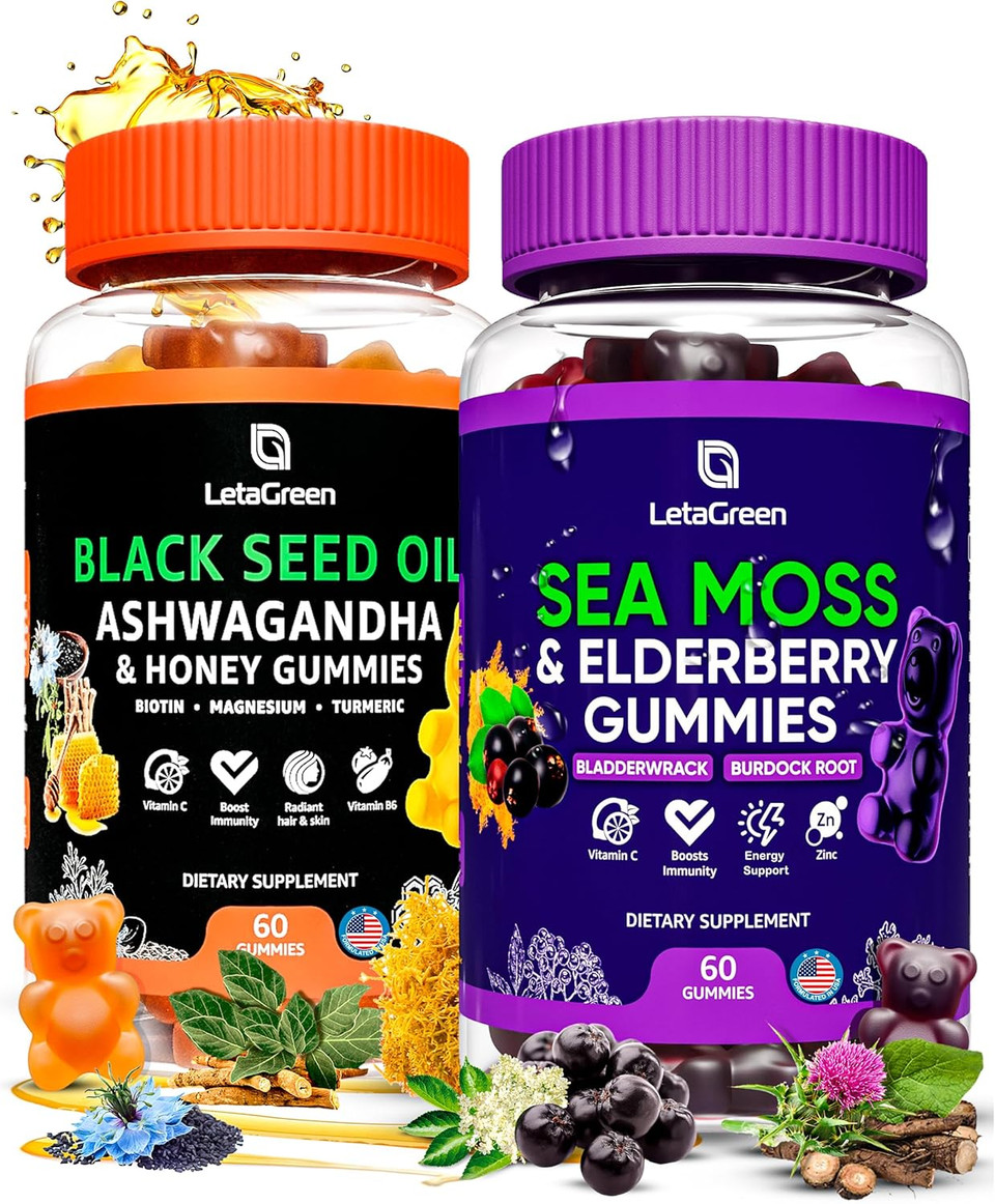 Irish Sea Moss And Black Seed Oil Gummies Bundle  120 Vegan Gummies Bears - Elderberry For Kids & Adults - Nigella Sativa With Ashwagandha & Honey