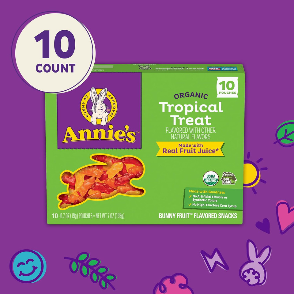 Annie'S Organic Bunny Fruit Flavored Snacks, Tropical Treat, Gluten Free, 10 Pouches, 7 Oz