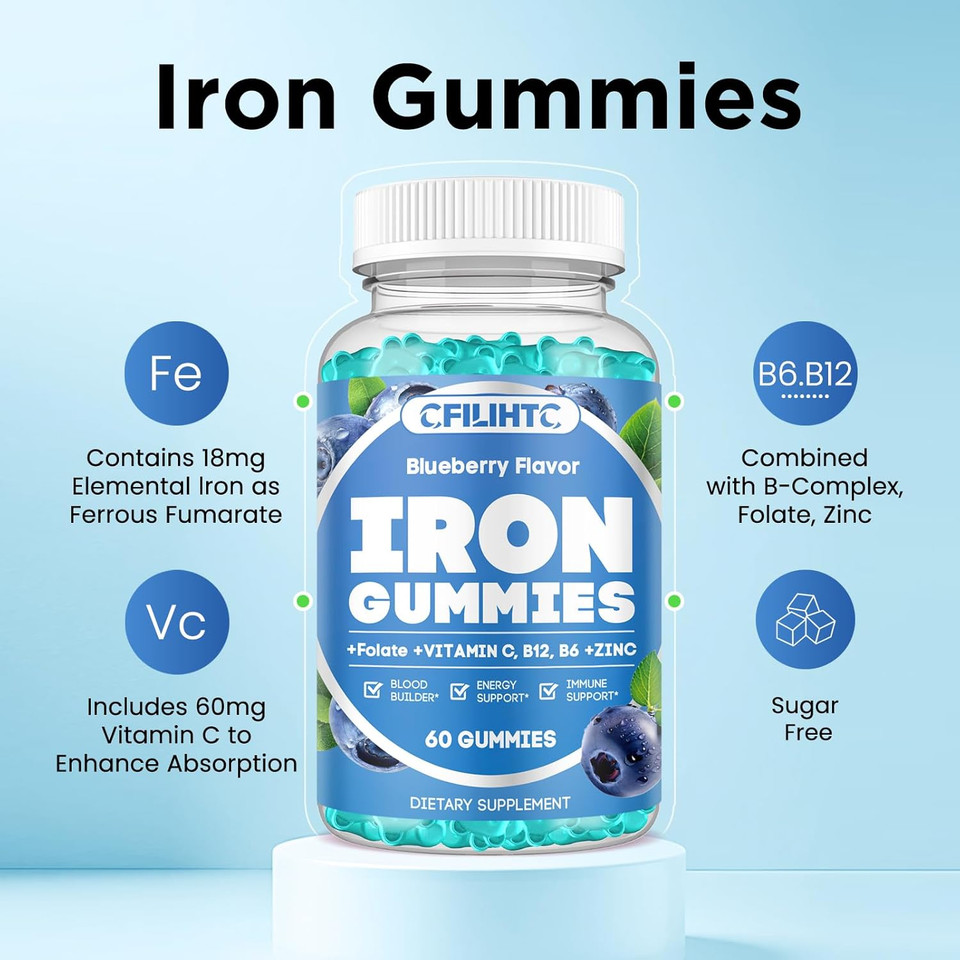 Iron Gummies For Women & Men - Iron Supplement With Vitamin B6, B12, C, Zinc, Folate For Adults & Kids - Support Iron Deficiency, Anemia, Energy Boost, Blood Builder - Sugar Free 60Ct Mixed Berry