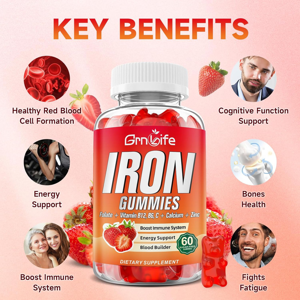 Iron Gummies For Women, Men & Kids, Sugar Free Iron Supplement With Calcium, Zinc, Folate & Vitamin B12, C, B6 - For Blood Building & Energy Support, Anemia, Strawberry, 60 Count