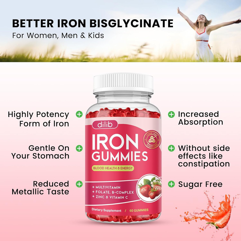 Iron Gummies With Multivitamin, Iron Supplement For Women & Men With Zinc, Vitamin B Complex & C, B12, Folate - Blood Builder & Energy Support For Adults & Kids - Cherry Flavor, Vegan 60 Gummies