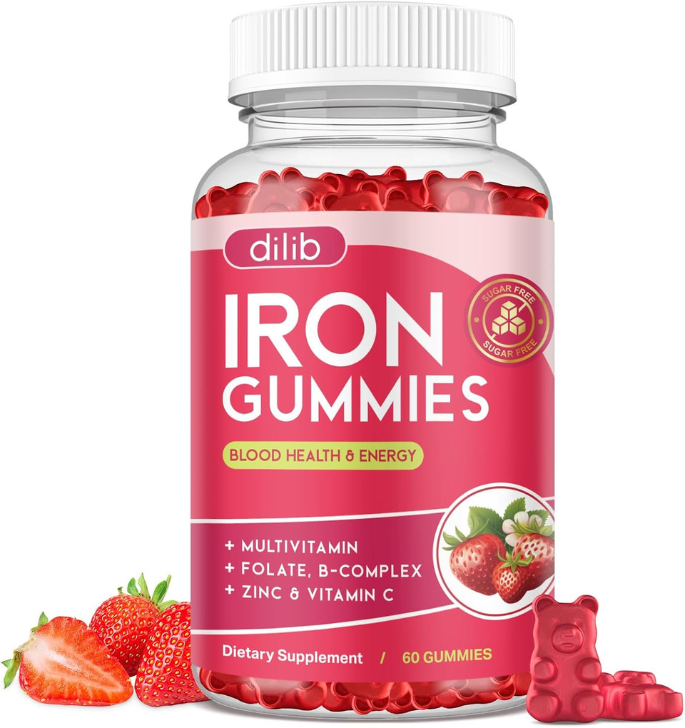 Iron Gummies With Multivitamin, Iron Supplement For Women & Men With Zinc, Vitamin B Complex & C, B12, Folate - Blood Builder & Energy Support For Adults & Kids - Green Apple & Kiwi Filled Gummies