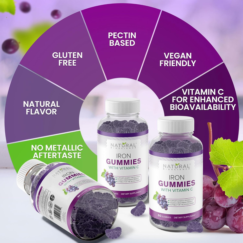 Iron Gummies With Vitamin C - Chewable Iron Supplement For Adults & Kids, Iron Deficiency Anemia, Red Blood Cell Support, Energy, Immune Function, Brain Health, Max Absorption, 60 Vegan Gummies