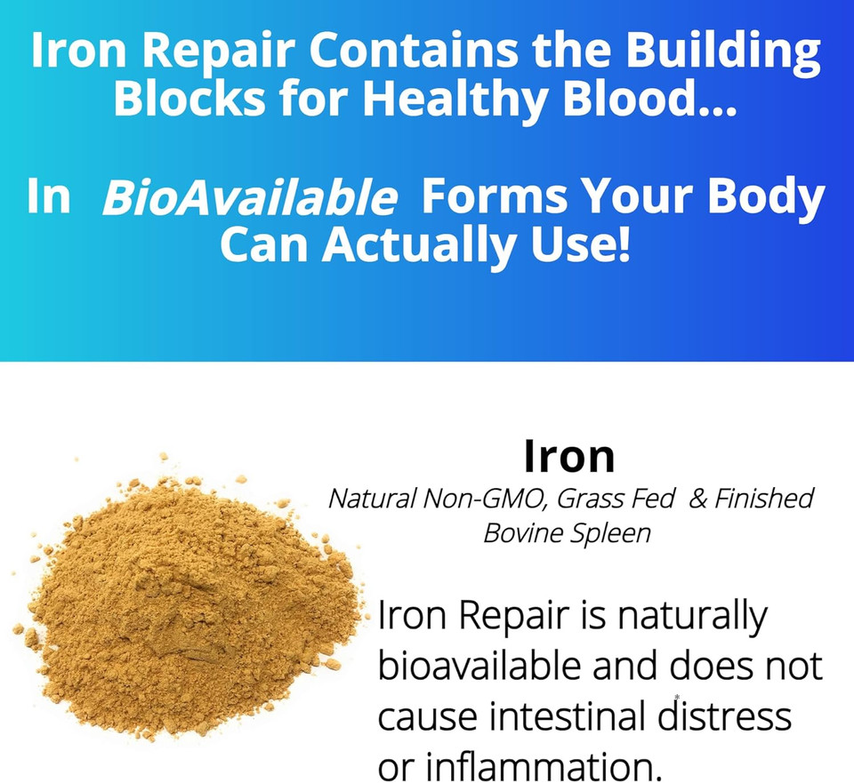 Iron Repair Simply Natural Iron Supplement, Best Absorption & Gentle On Stomach, Monash Low Fodmap, Raise Hemoglobin & Ferritin Iron Pills For Women, Men, Teens, & Pregnancy 90 Bovine Gelatin Capsules
