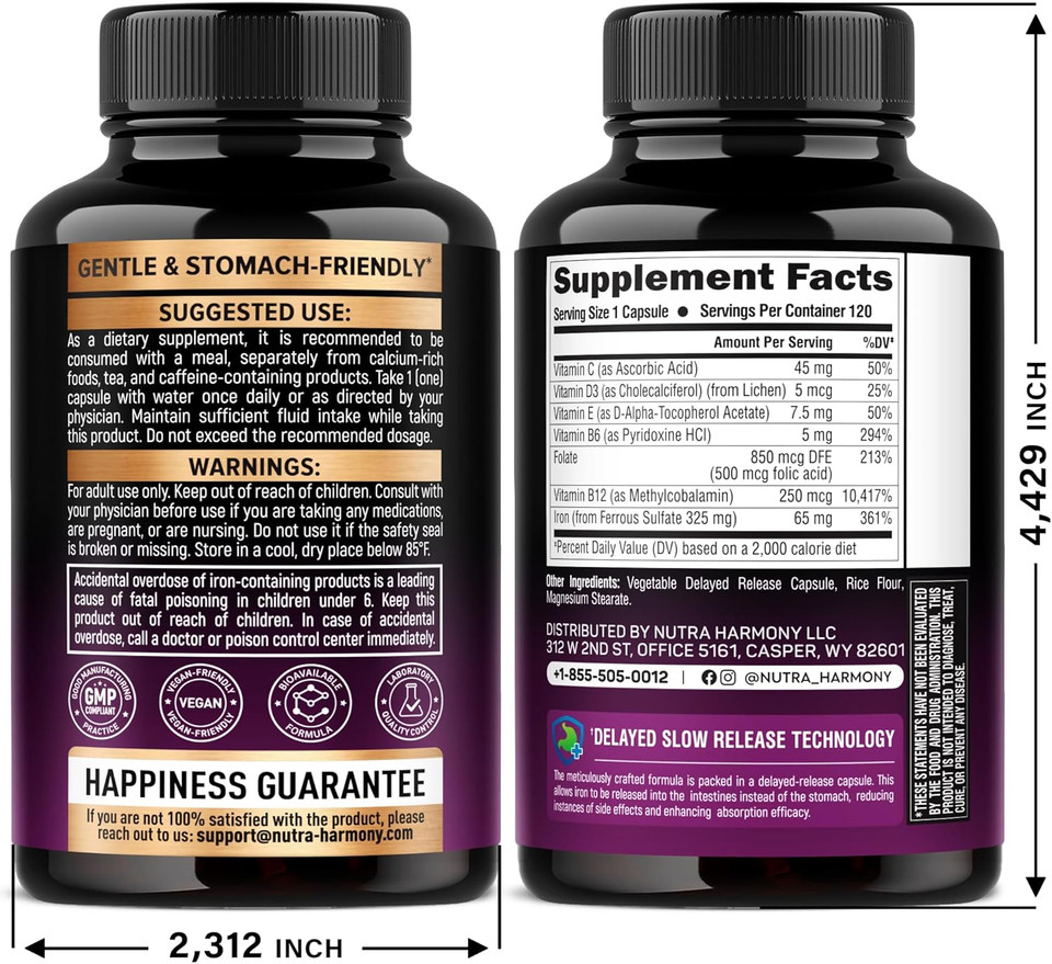 Iron Supplement For Women - Iron 65Mg (Ferrous Sulfate 325Mg) - Stomach Friendly | Slow Release Iron | High Absorption - Vitamins C, D3, B6, B12 & Folate - Iron Level & Energy Support - 120 Capsules