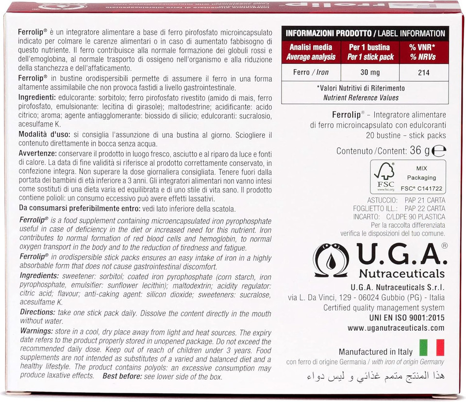 Iron Supplement For Women, Men And Kids (20 Lemon Flavored Soluble Sachets) - Gastrointestinal Comfort And No Metallic Taste - Vegan And Gluten Free