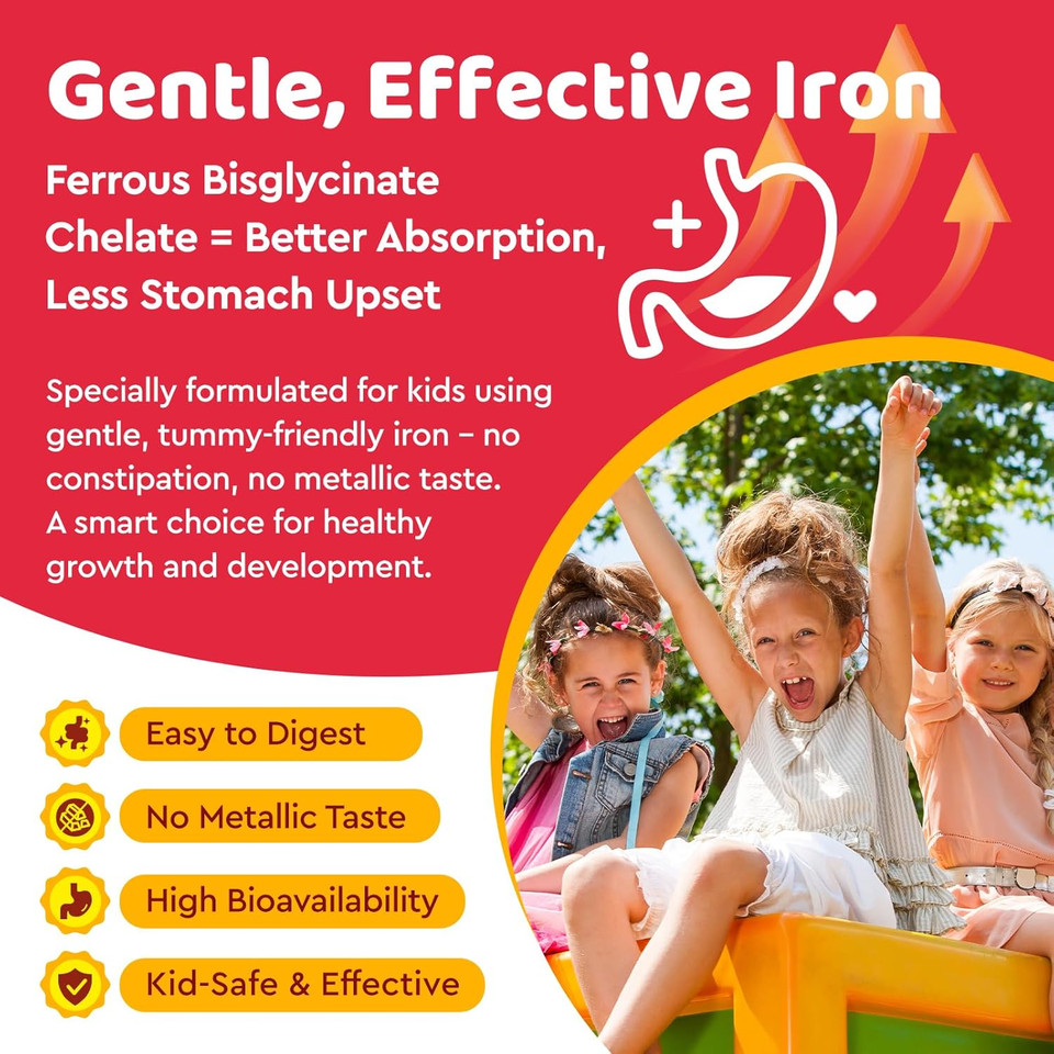 Iron Supplement Gummies For Kids, Kids Multivitamin With Iron Gummies - Zinc, Vitamin B Complex, A, C, D3, B12, Folate For Blood Builder & Energy Support, Vegan Sugar Free Green Apple & Kiwi 60Ct