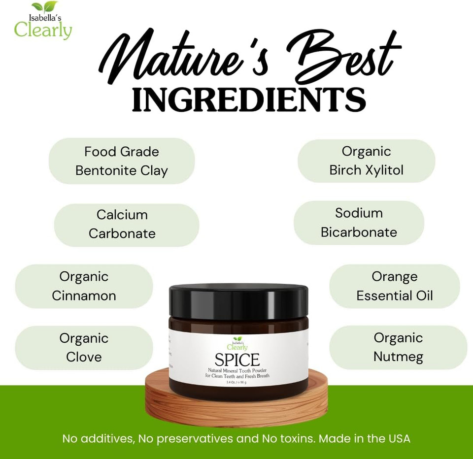 IsabellaS Clearly Spice Remineralizing Tooth Powder | Teeth Whitening Natural Toothpaste Fluoride Free For Adults, Kids, Sensitive Teeth & Gums | Xylitol, Baking Soda, Clay, Calcium, Cinnamon, Clove
