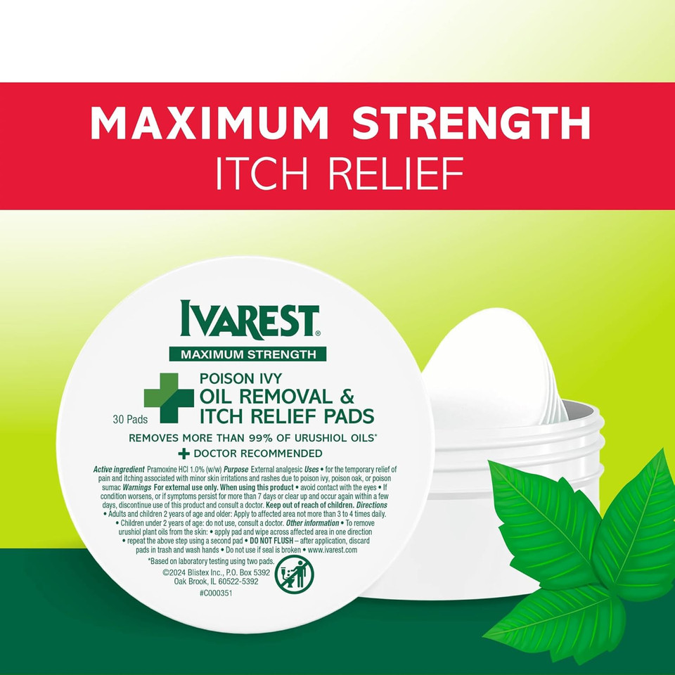 Ivarest Poison Ivy Oil Removal And Itch Relief Pads, 30 Count, Poison Ivy Wipes, Max Strength, Poison Plant And Insect Bite Relief, Poison Ivy, Oak, Sumac Treatment, Anti-Itch, Medicated, 30 Ct