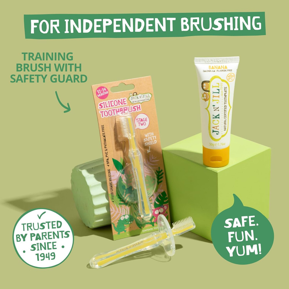 Jack N' Jill Toddler Silicone Toothbrush & Banana Toothpaste For Babies & Toddlers Bundle - Toddler Toothbrushes 1-2 Years Old, Infant Toothpaste, Safety Shield Included - 1.76 Fl Oz