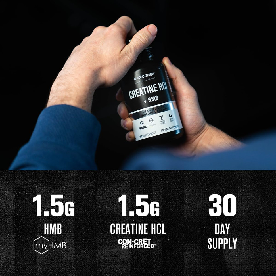 Jacked Factory Creatine Hcl + Hmb Capsules - Synergistic Con-Cret, Myhmb, & Vitamin D Formula For Improved Growth, Strength, & Reduced Muscle Breakdown - 150 Capsules