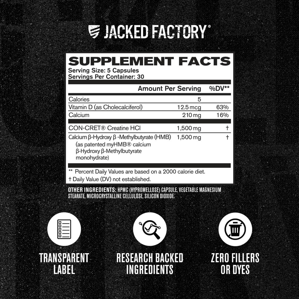 Jacked Factory Creatine Hcl + Hmb Capsules - Synergistic Con-Cret, Myhmb, & Vitamin D Formula For Improved Growth, Strength, & Reduced Muscle Breakdown - 150 Capsules