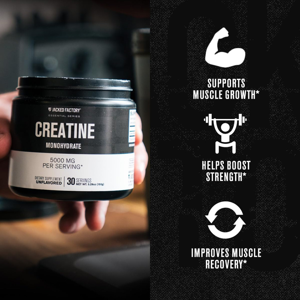 Jacked Factory Creatine Monohydrate Powder 150G - Creatine Supplement For Muscle Growth, Increased Strength & Essentials Muscle Builder - Daily Muscle Builder With Peakatp (30 Capsules)