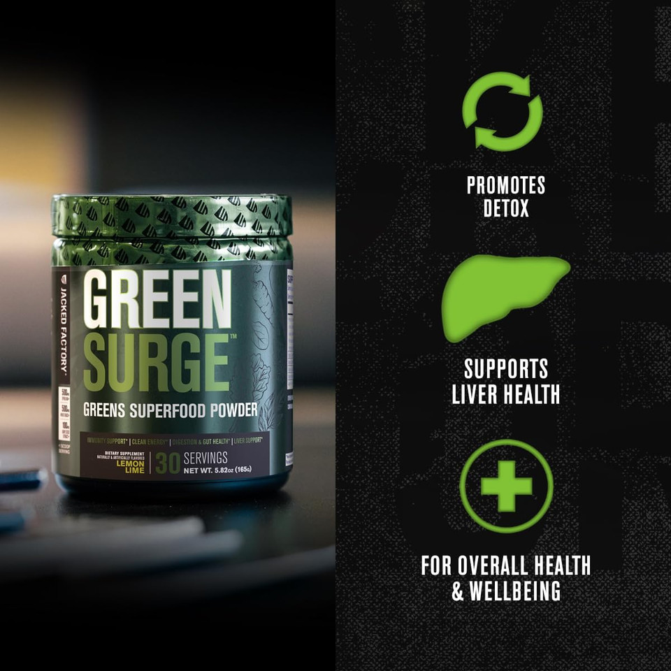 Jacked Factory Green Surge Green Superfood Powder- Keto Friendly Greens Drink W/Spirulina, Wheat & Barley Grass, Organic Greens - Green Tea Extract, Probiotics & Digestive Enzymes - Sour Apple
