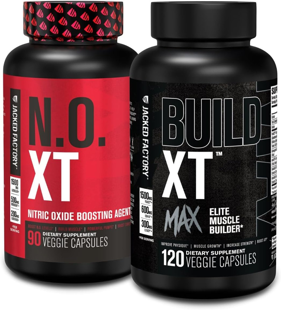 Jacked Factory N.O. Xt Nitric Oxide Supplement (90 Count) & Build Xt Max Elite Muscle Builder (120 Count)