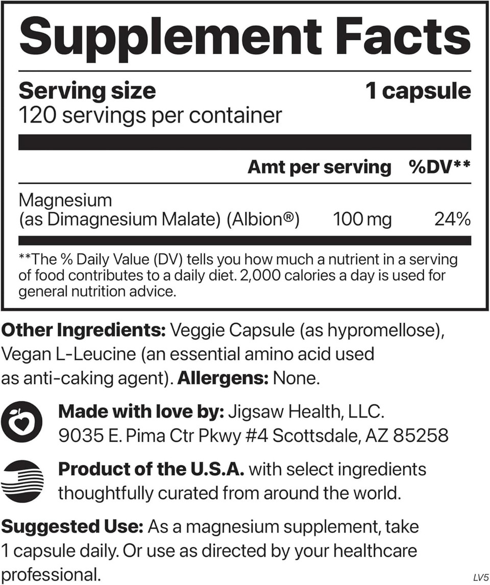Jigsaw Health Magpure Malate | Premium Magnesium Malate Capsules | 120 Servings