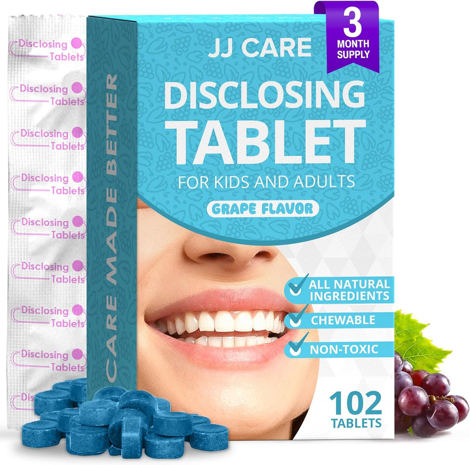 Jj Care Disclosing Tablets For Teeth- 102 Count, Individually Wrapped Plaque Disclosing Tablets For Kids Brushing Teeth, Grape Flavored Plaque Remover, Dental Care For Brushing