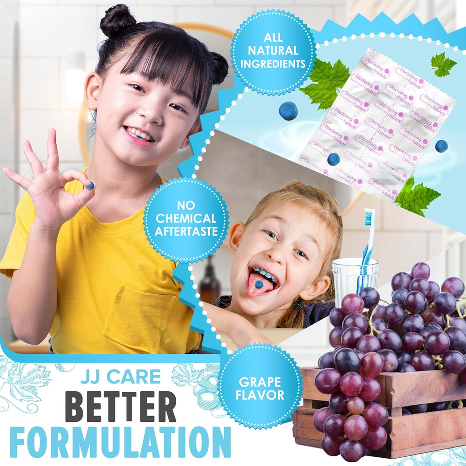 Jj Care Disclosing Tablets For Teeth- 102 Count, Individually Wrapped Plaque Disclosing Tablets For Kids Brushing Teeth, Grape Flavored Plaque Remover, Dental Care For Brushing