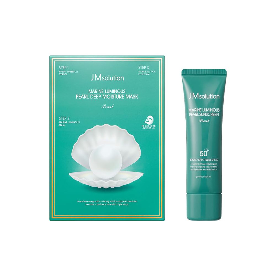 Jmsolution Marine Luminous Pearl Sunscreen Spf 50 & 3-Step Deep Moisture Mask Bundle | Hydrating & Brightening Korean Skincare | Daily Uv & Blue