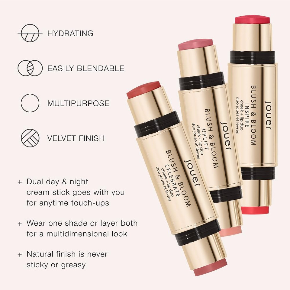 Jouer Blush & Bloom Cheek + Lip Duo - Hydrating Cream Blush Stick For Lip And Cheek Tint - Moisturizing Rose Hip And Squalane Oil Formula, Inspire