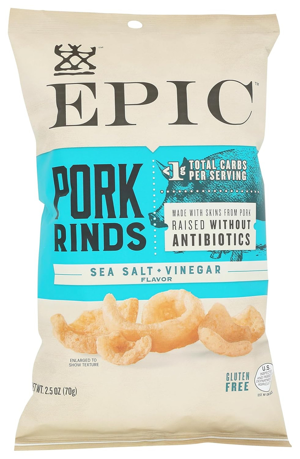 Epic Sea Salt + Vinegar Oven Baked Pork Rinds, Keto Friendly, 2.5 Oz