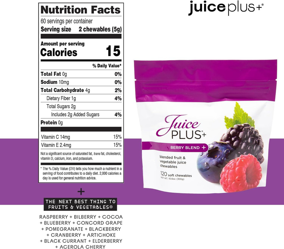 Juice Plus+ Berry Blend Soft Chews - Tasty, Vegan Gummies For All Ages - Nutrients From 12 Superfood Ingredients Including Elderberry, Raspberry, Bilberry, Blueberry & More - 120 Chewables
