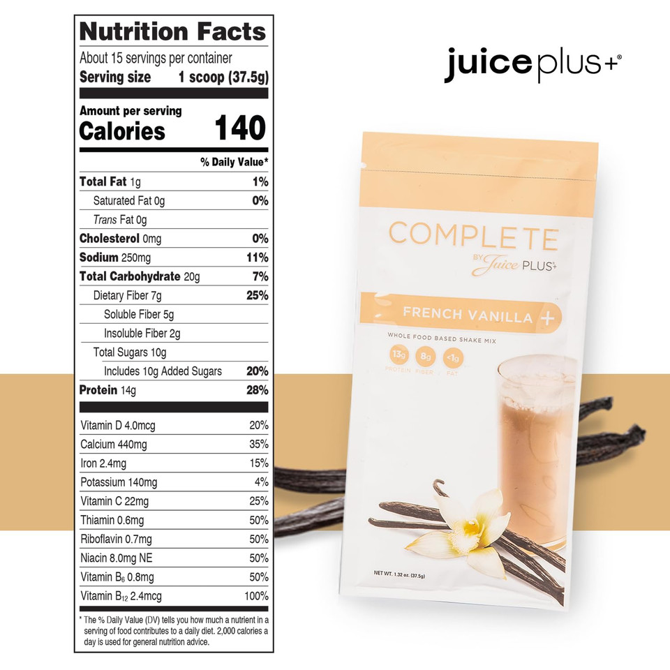 Juiceplus+ Complete Vanilla Shakes - Single-Serve - Plant-Based Protein Shake - Whole Food Ingredients, Prebiotics, Fiber, And Essential Minerals - Vegan, Gluten-Free, Non-Gmo - 15 Servings