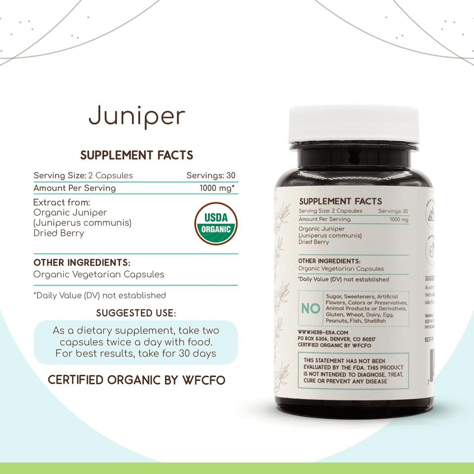 Juniper Usda Organic 60 Capsules | Natural Herbal Supplement | Certified Organic Vegetarian Capsules And Organic Juniper (Juniperus Communis) Dried Berry (60 Capsules)