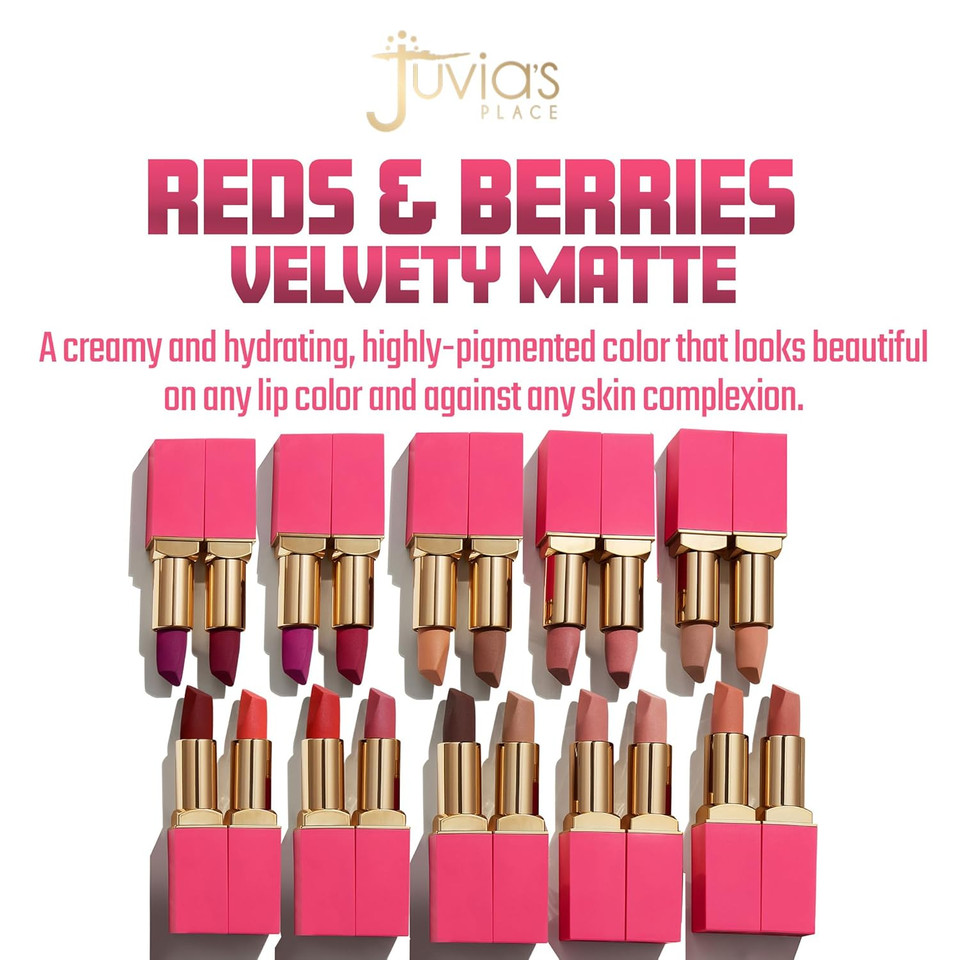 Juvia'S Place Reds & Berries Velvety Matte Lipsticks The Reds So Red - Rich Cherry Red, Soft-Matte Lipstick, Hydrating, Highly Pigmented, Creamy, Smooth, And Long-Lasting