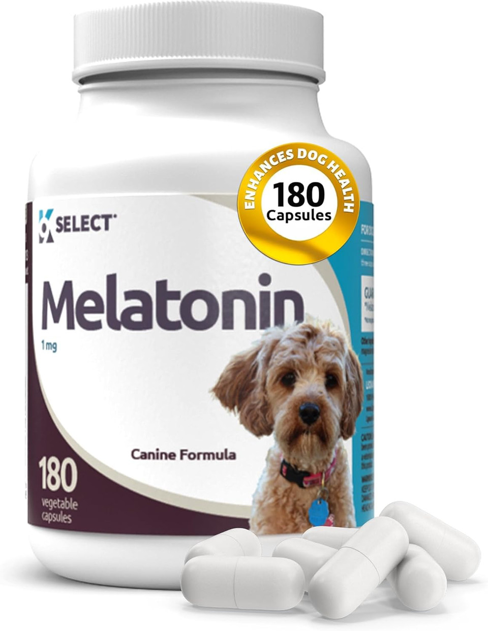 K9 Select Melatonin For Dogs - Calming Aid Tasty Dog Supplement - Helps Overall Health With Quiet Moments And Composure - Reduce Stress Calming Treats For Small Dogs - 1 Mg, 180 Vegetable Capsules