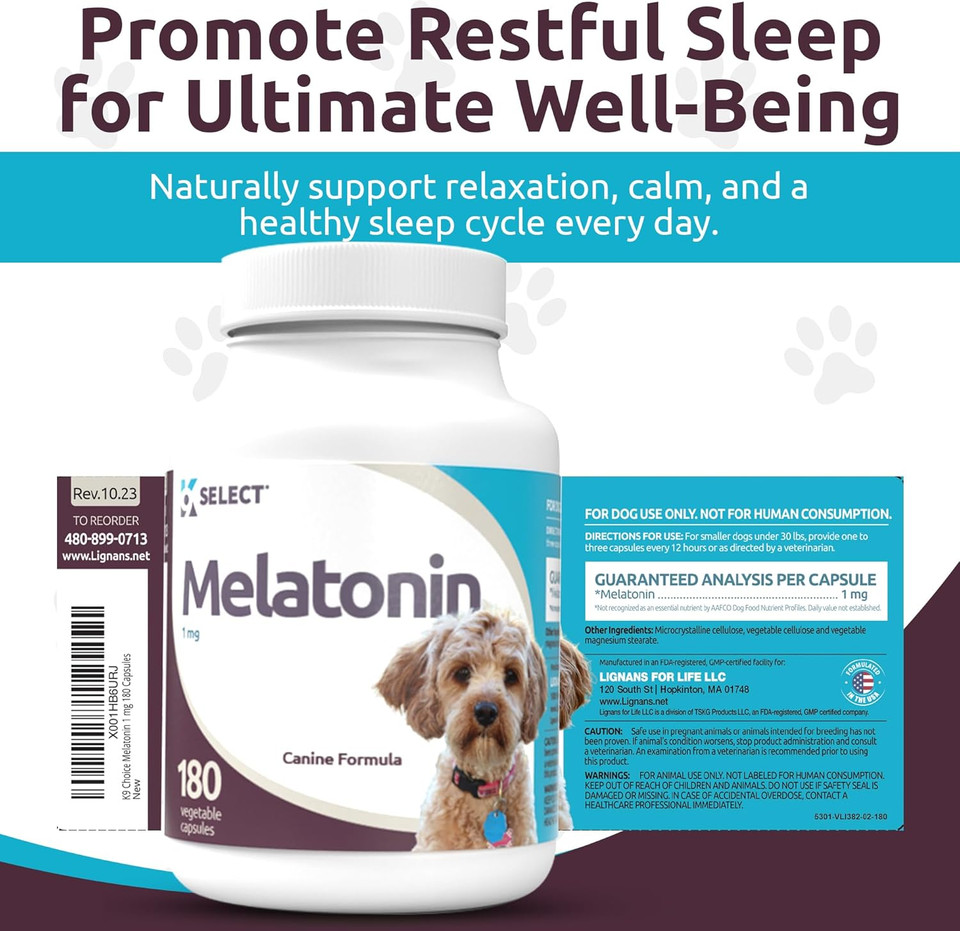 K9 Select Melatonin For Dogs - Calming Aid Tasty Dog Supplement - Helps Overall Health With Quiet Moments And Composure - Reduce Stress Calming Treats For Small Dogs - 1 Mg, 180 Vegetable Capsules