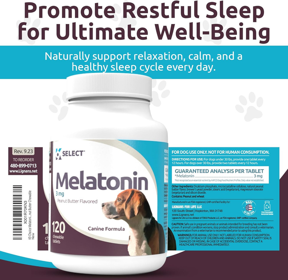 K9 Select Melatonin For Dogs - Calming Chews - Anxiety Relief Treats For Sleep, Stress, Thunderstorms & Fireworks - Calming Chews For Dogs Anxiety Small & Large Breed, 6 Mg, 120 Peanut Butter Tablets