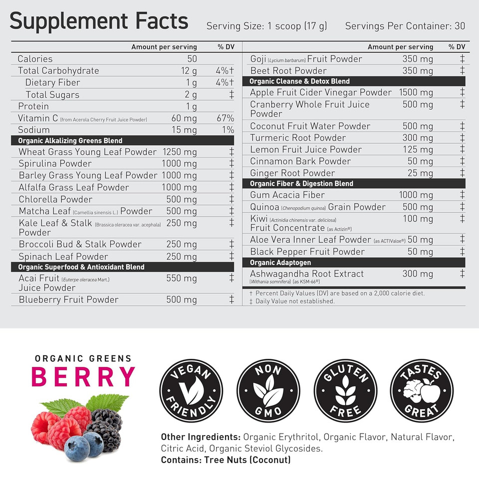 Kaged Organic Greens Elite | Berry | Superfood And Greens Powder With Apple Cider Vinegar, Adaptogen, Prebiotics, Vitamins & Minerals | 30 Servings