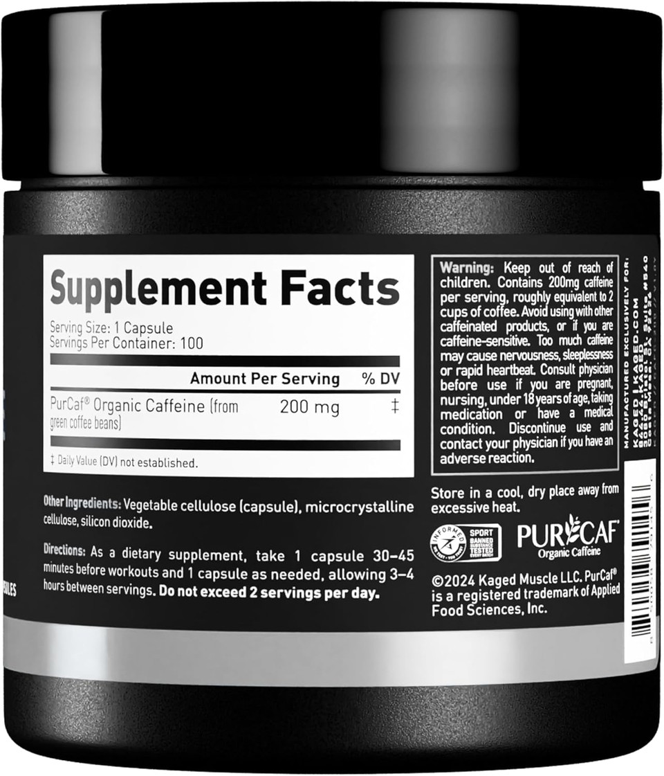 Kaged Organic Supplement 200Mg Energy Boost Coffee Replacement No Jitters 90% Pure Caffeine Purcaf 100 Caffeine Pills