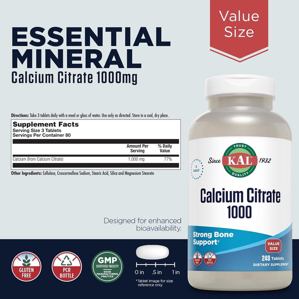 Kal Calcium Citrate 1000Mg, Calcium Supplements For Women And Men, Bone Health, Teeth, Nervous, Muscular & Cardiovascular System Support, Gluten Free And Lab Verified, 80 Servings, 240 Tablets
