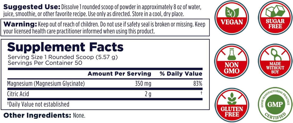 Kal Calming Magnesium Glycinate Powder Plus Citric Acid - Unflavored - Nervous System, Bone And Relaxation Support Drink Mix - No Sugar - 60-Day Guarantee, 40 Servings, 8.5 Oz