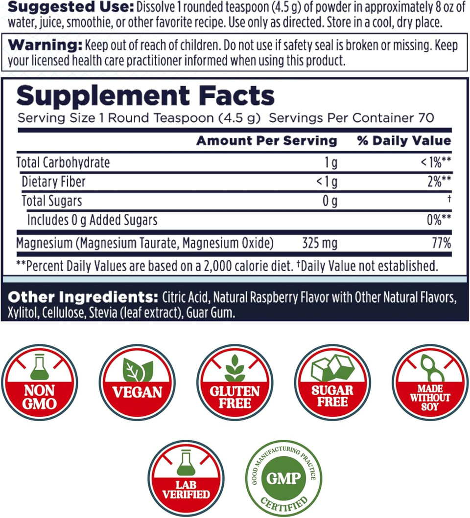 Kal Heart Magnesium Powder, Red Raspberry Flavor, Heart Health Support, Magnesium Drink Mix, Magnesium Supplement, Sugar Free, 70 Servings, 11 Oz