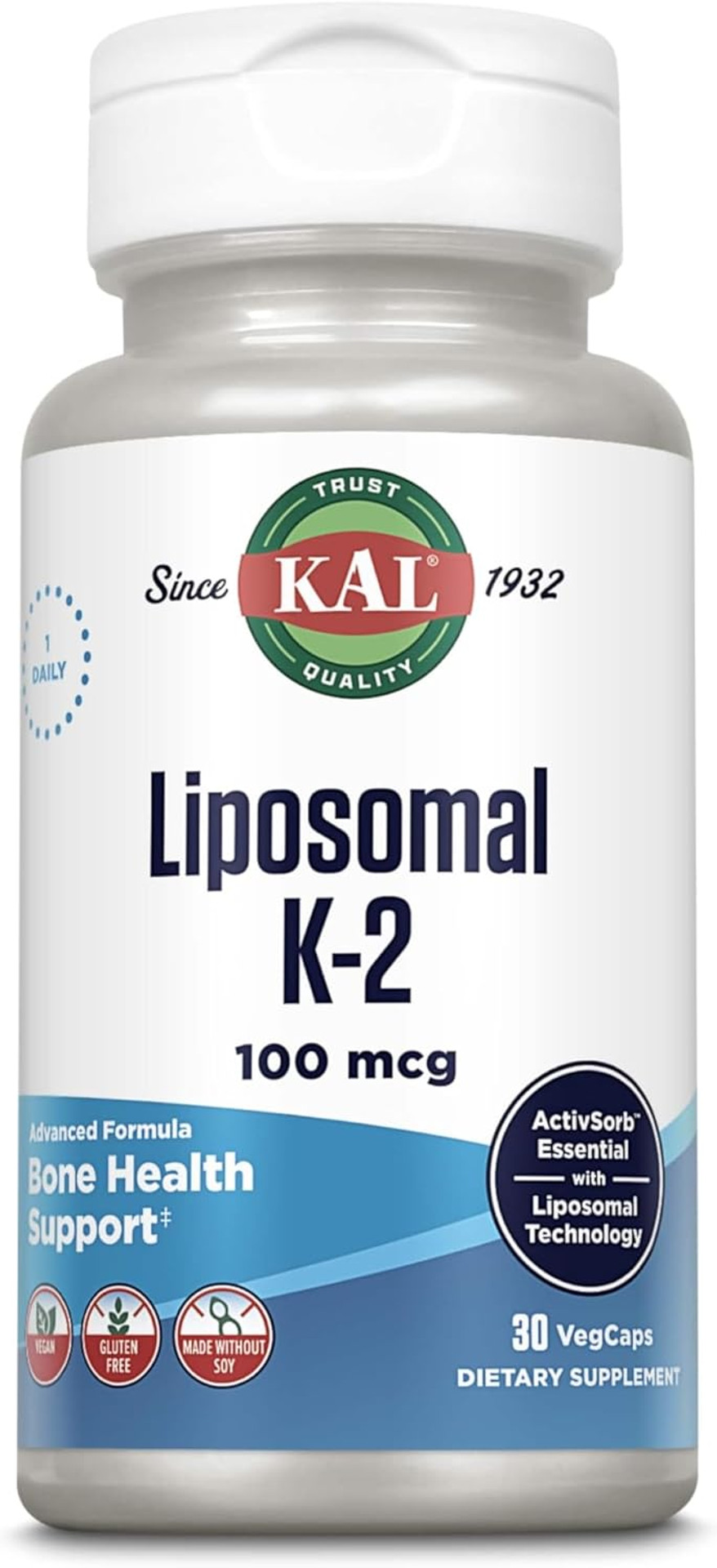 Kal Liposomal Vitamin K2 Supplement With Mk7 100 Mcg - High Absorption, Liposomal Technology - Advanced Bone Support - Vegan, Gluten Free, Made Without Soy, 30 Servings, 30 Vegcaps