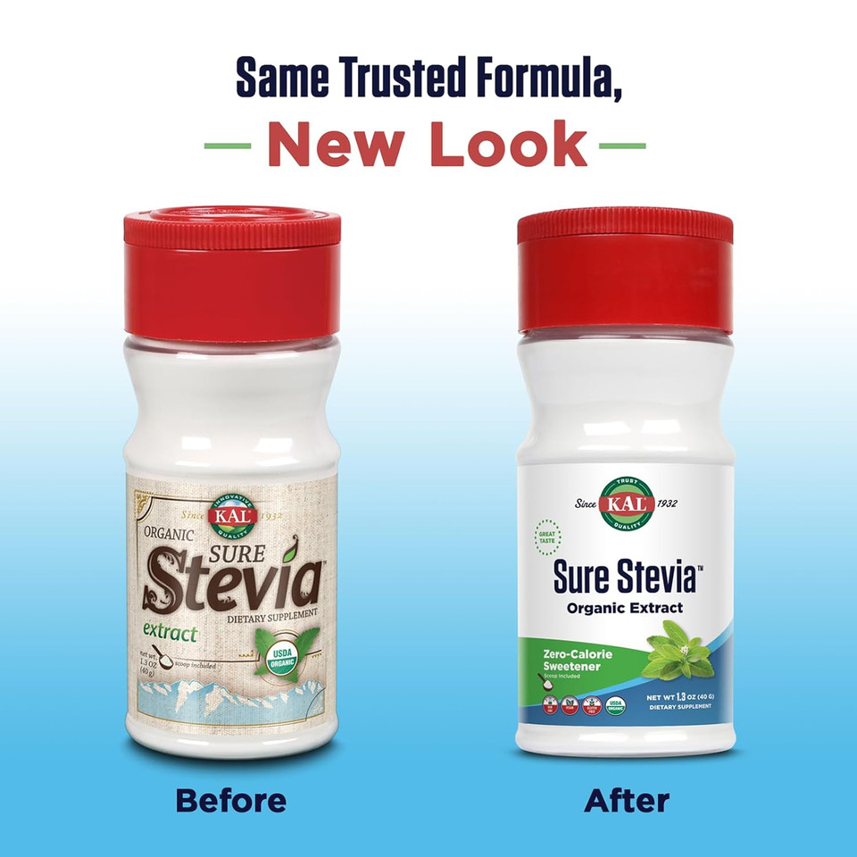 Kal Sure Stevia Extract, Organic Stevia Powder, Low Carb, Zero Calorie Sweetener, Keto Friendly, Great Taste, Low Glycemic, Vegan, Gluten Free, No Fillers, 60-Day Guarantee, Approx. 690 Servings, 1.3Oz