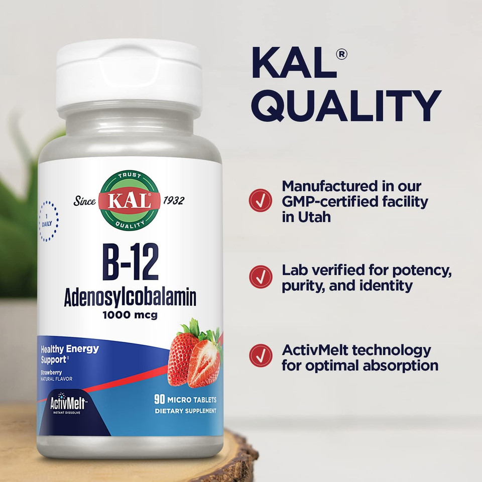 Kal Vitamin B12 Adenosylcobalamin 1000 Mcg - B 12 Vitamin, Active B-12 1000Mcg For Women & Men, Energy Support - Strawberry Flavor - 90 Activemelt Micro Tablets