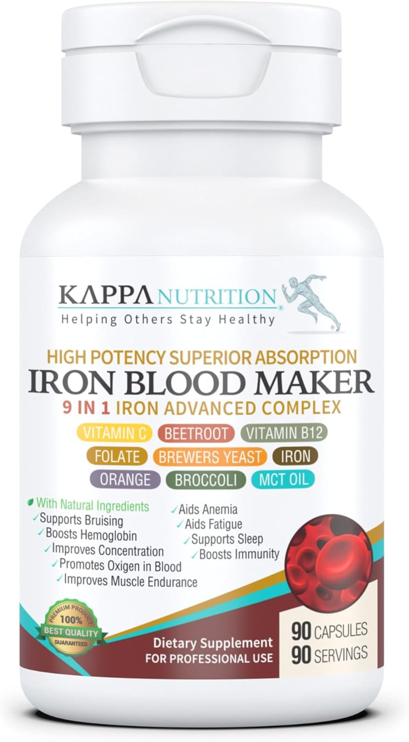 Kappa Nutrition Iron 26Mg, Vitamin C & Orange 150Mg, Folate 667Mcg Dfe, Vitamin B12, Beetroot, Brewers Yeast, Broccoli & Mct Oil 9 In 1 Advanced Complex (90 Capsules)