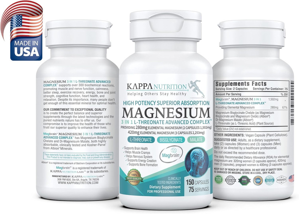 Kappa Nutrition Magbrain L-Threonate Plant-Based Magnesium Biocomplex  150 Capsules  2,253 Mg Per Serving  Provides 420 Mg Elemental Magnesium